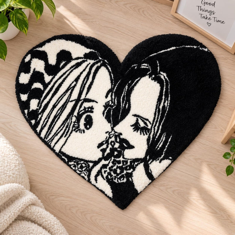 Tapis cœur noir et blanc – visages enlacés